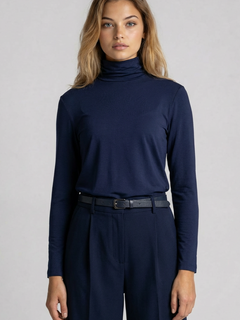 PAULA RYAN Zip Neck Long Sleeve Polo Top - EcoVero Navy - Paula Ryan