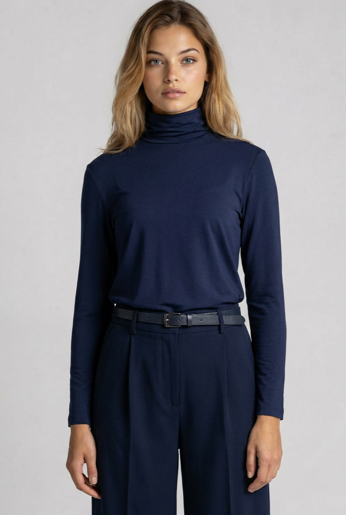 PAULA RYAN Zip Neck Long Sleeve Polo Top - EcoVero Navy - Paula Ryan