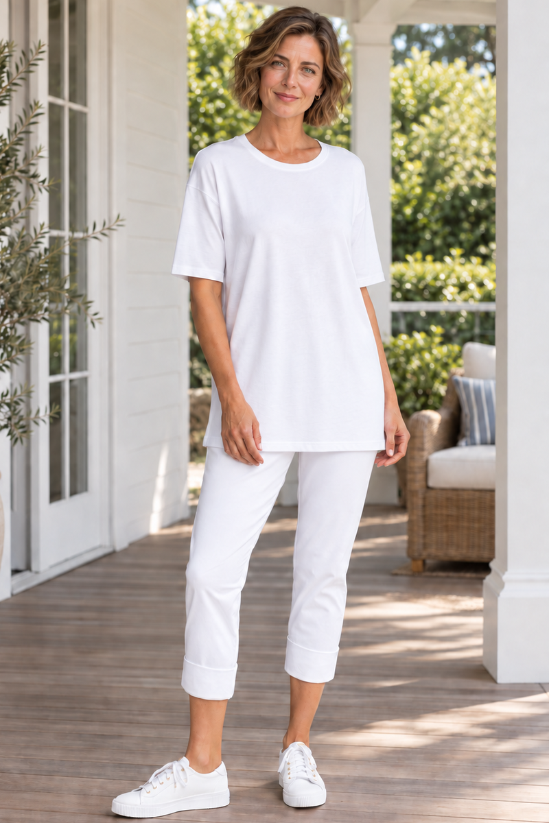 PAULA RYAN Wide Cuff Capri Pant - Microjersey White