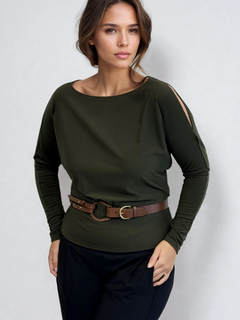 PAULA RYAN Cold Shoulder Batwing Top Merino - Khaki - Paula Ryan