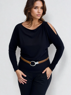 PAULA RYAN Cold Shoulder Batwing Top Merino - Navy - Paula Ryan
