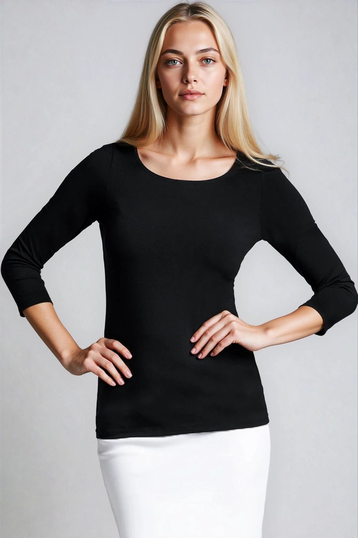 PAULA RYAN Slim Fit 3/4 Sleeve Wide Neck Top - Eco Vero Black - Paula Ryan
