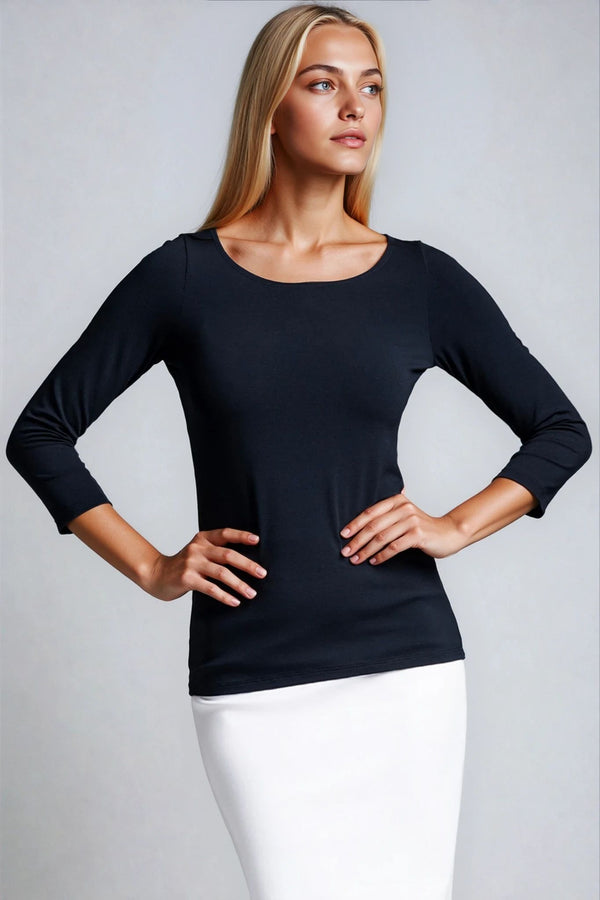 PAULA RYAN Slim Fit 3/4 Sleeve Wide Neck Top - Eco Vero Navy - Paula Ryan