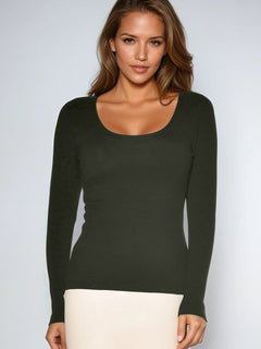 PAULA RYAN Easy Fit Scoop Neck Top - Khaki Merino - Paula Ryan