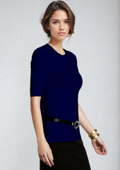 PAULA RYAN Slim Fit Half Sleeve Crew Neck - Merino Navy