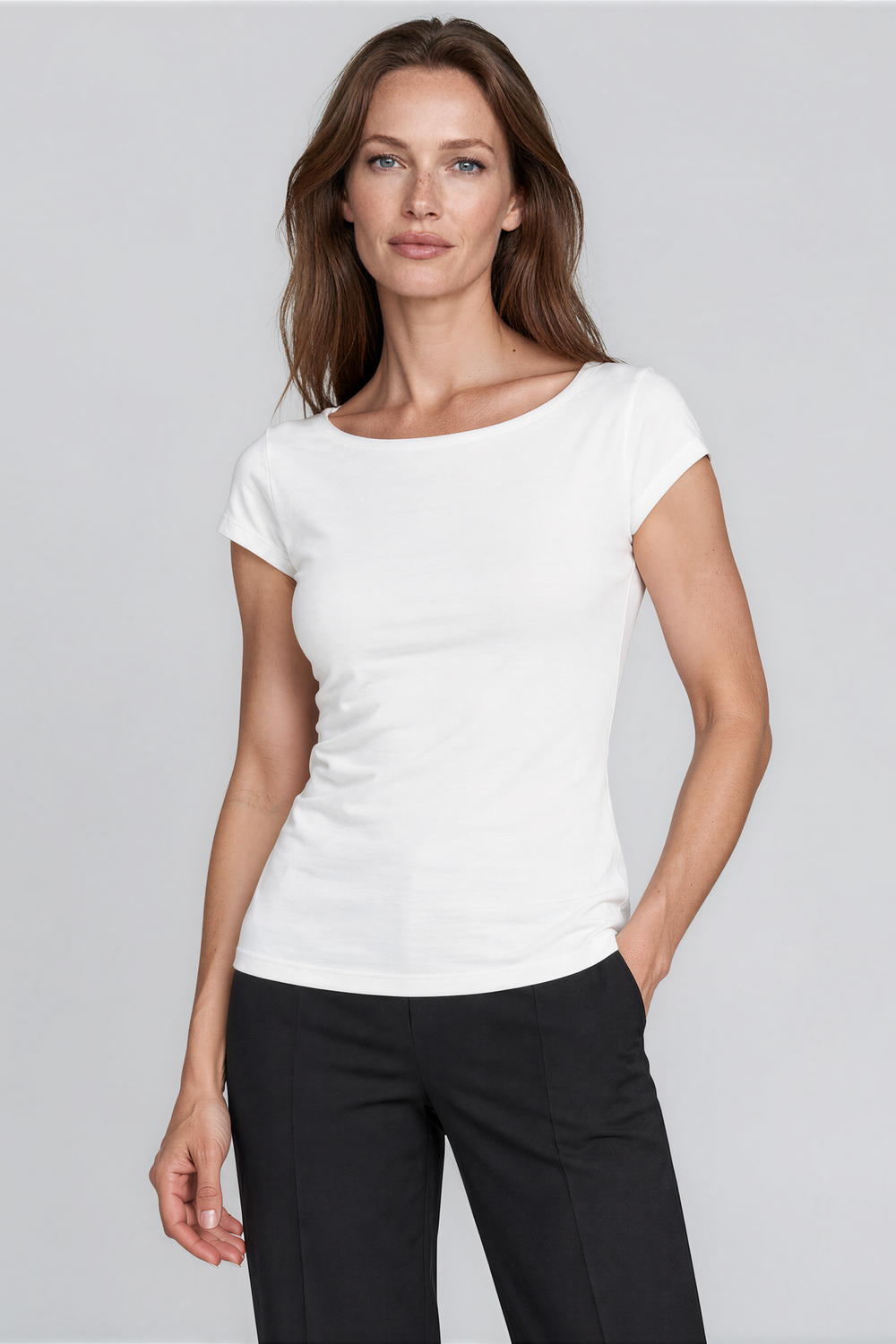 PAULA RYAN Slim Fit Boat Neck Cap Sleeve Top - Ecovero White