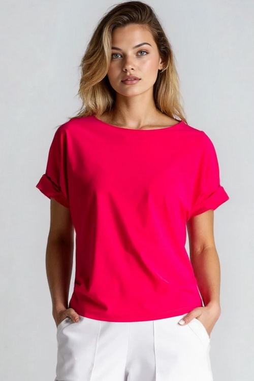 PAULA RYAN Ruched Sleeve Side Tuck Top - Electric Pink Microjersey - Paula Ryan