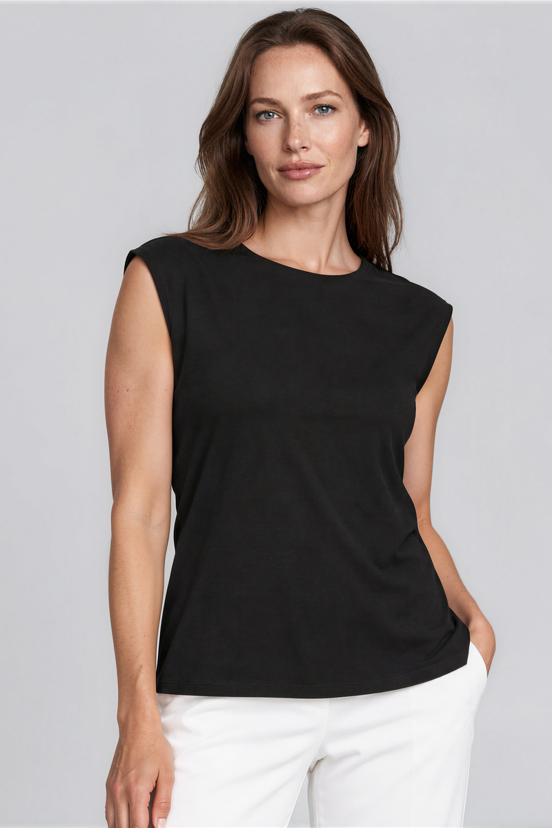 PAULA RYAN Easy Fit Cap Sleeve Crew Neck Top - EcoVero Black