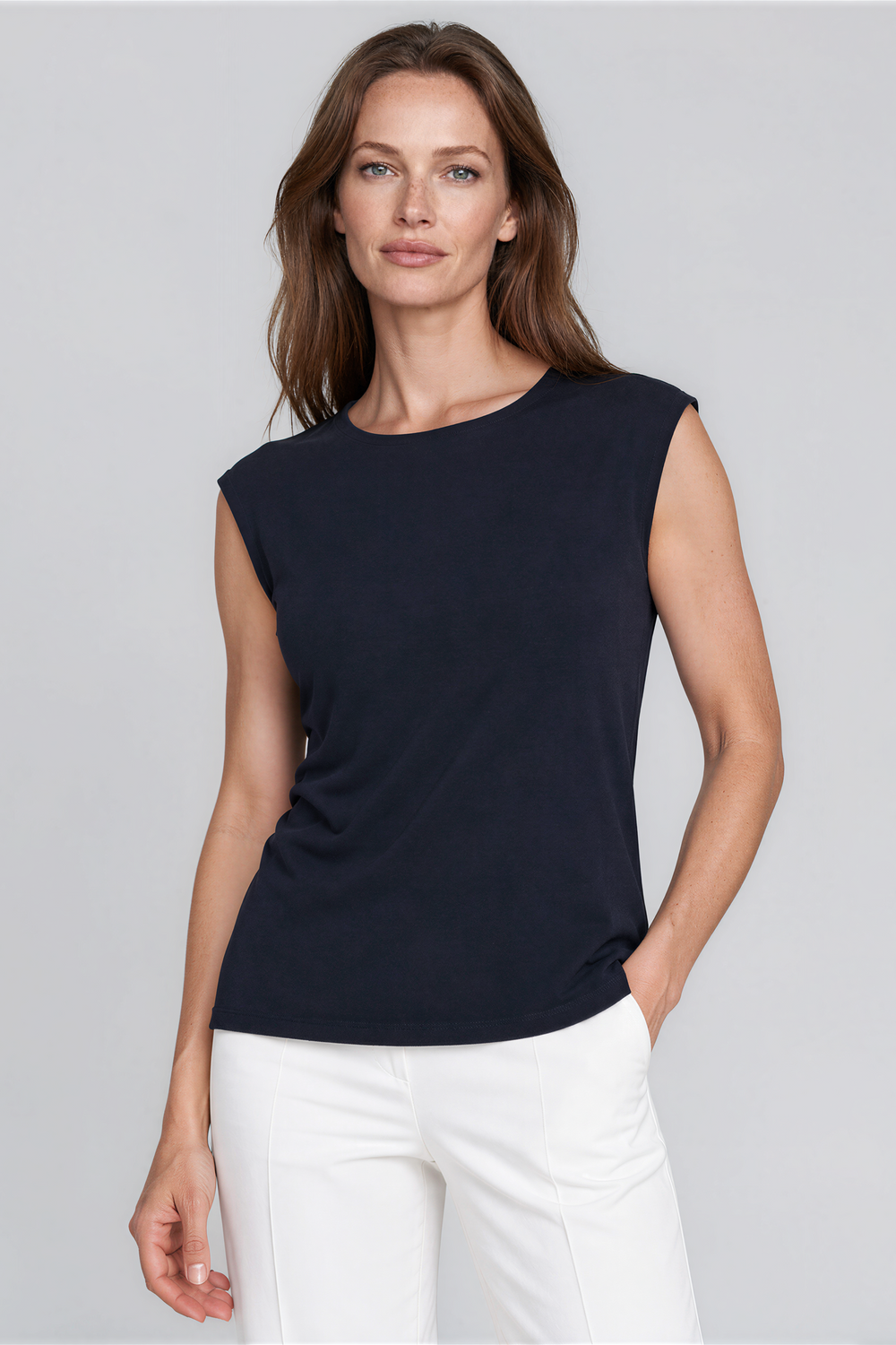 PAULA RYAN Easy Fit Cap Sleeve Crew Neck Top - Ecovero Navy