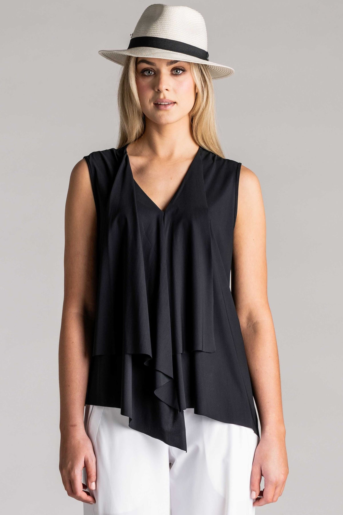 PAULA RYAN Sleeveless Drape Front Top Superfine Microjersey - Black - Paula Ryan