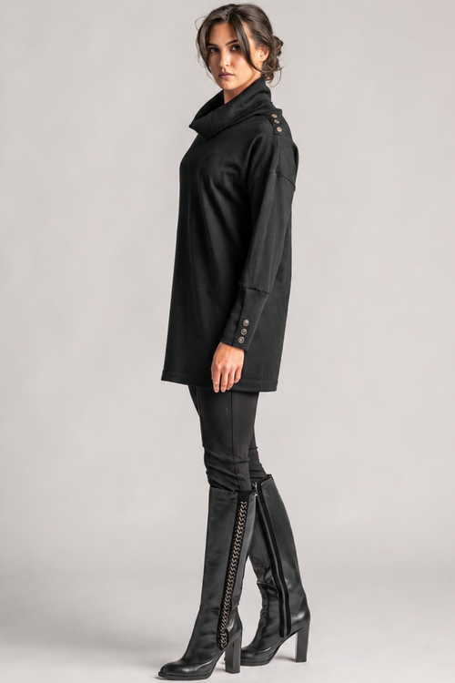 PAULA RYAN Gold Studded Roll Neck Tunic - Black Merino