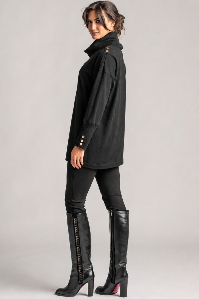 PAULA RYAN Gold Studded Roll Neck Tunic - Black Merino