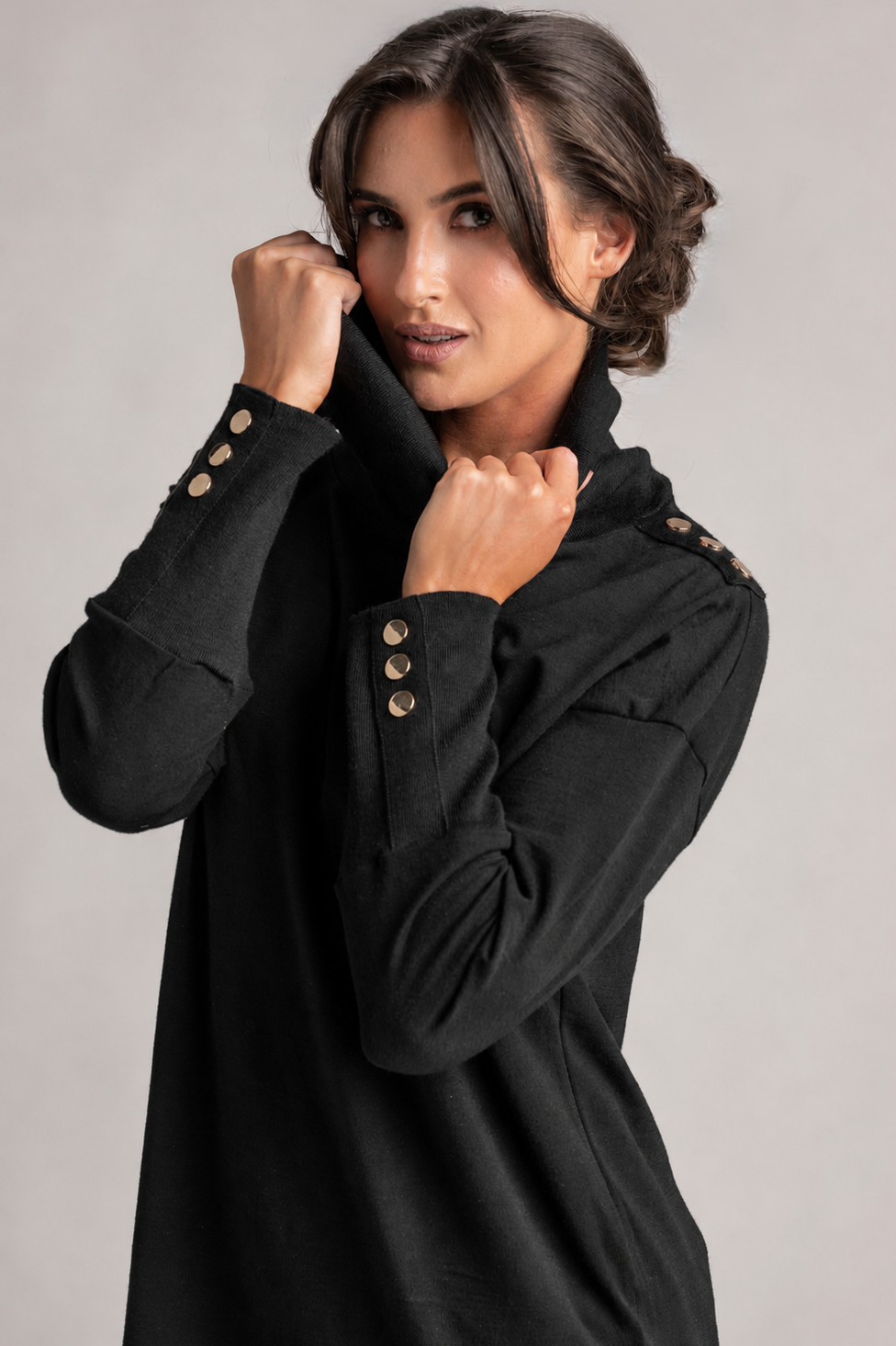 PAULA RYAN Gold Studded Roll Neck Tunic - Black Merino