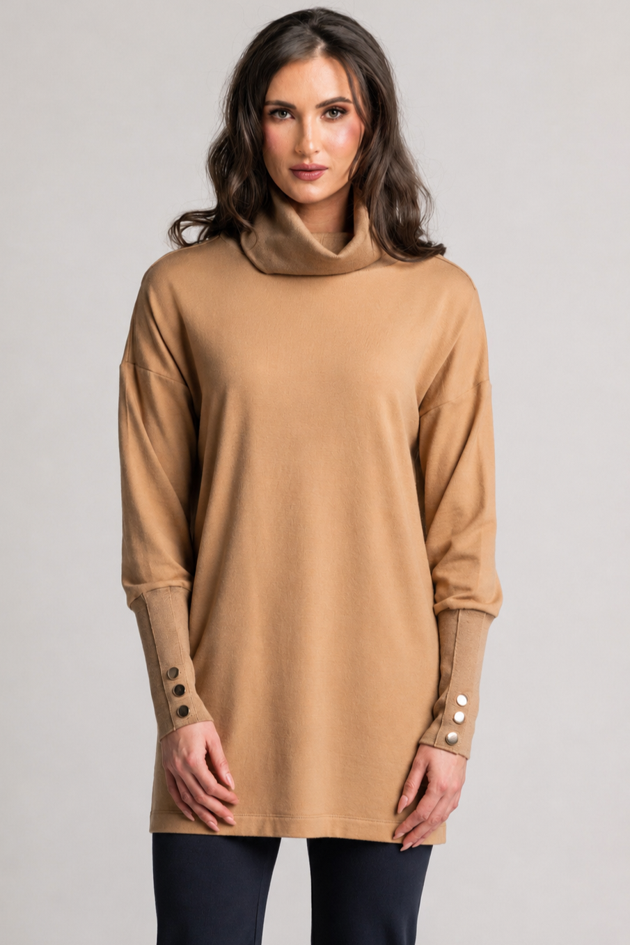 PAULA RYAN Gold Studded Roll Neck Tunic - Camel Merino