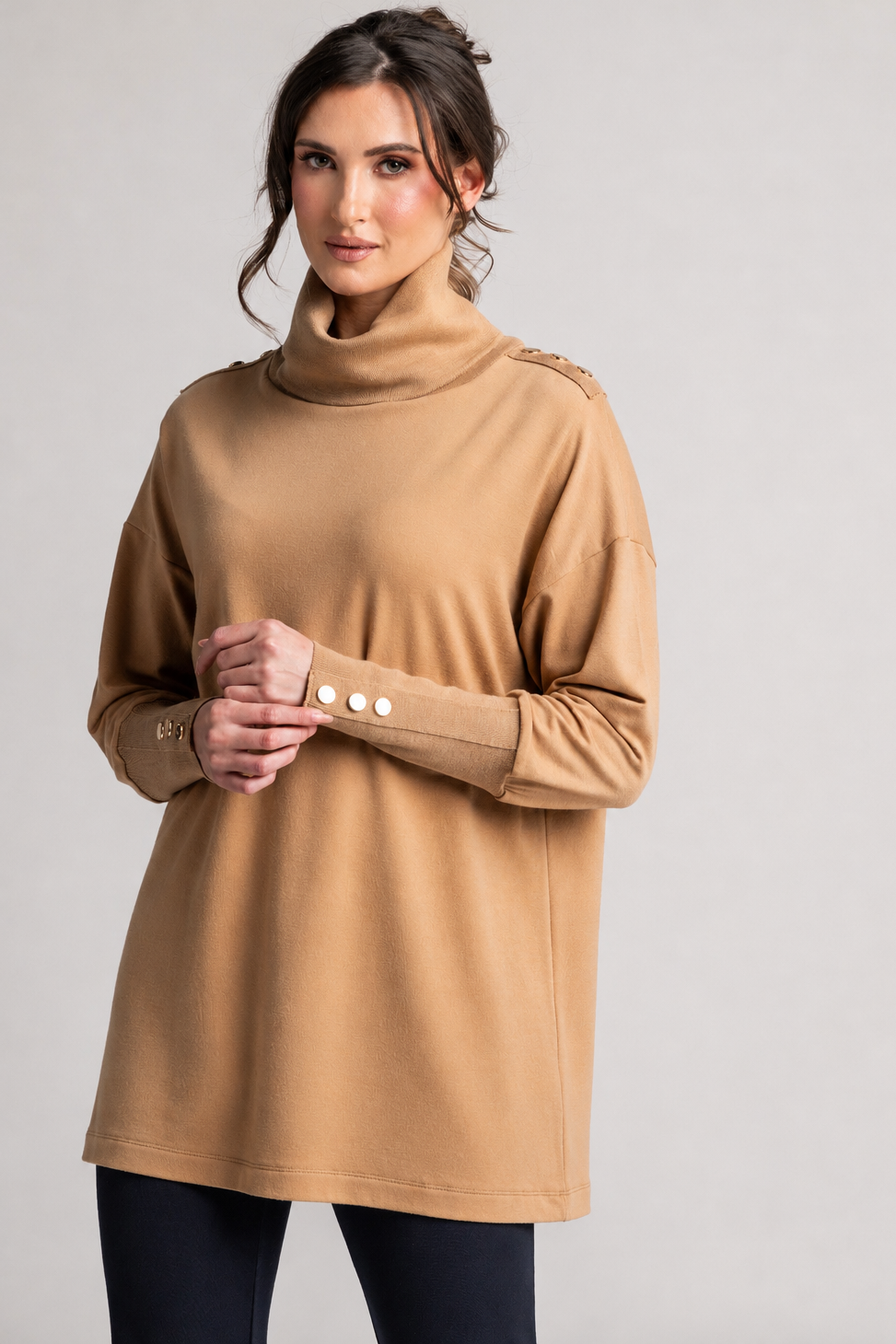 PAULA RYAN Gold Studded Roll Neck Tunic - Camel Merino