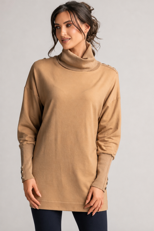 PAULA RYAN Gold Studded Roll Neck Tunic - Camel Merino