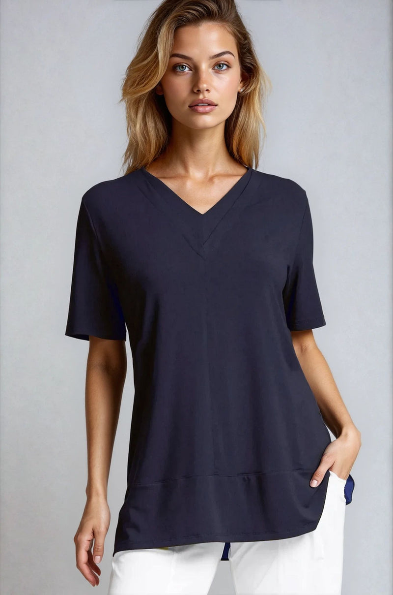 PAULA RYAN Double V Neck Top – Ecovero Navy