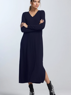 PAULA RYAN V Neck Sheath Dress - Navy Merino - Paula Ryan