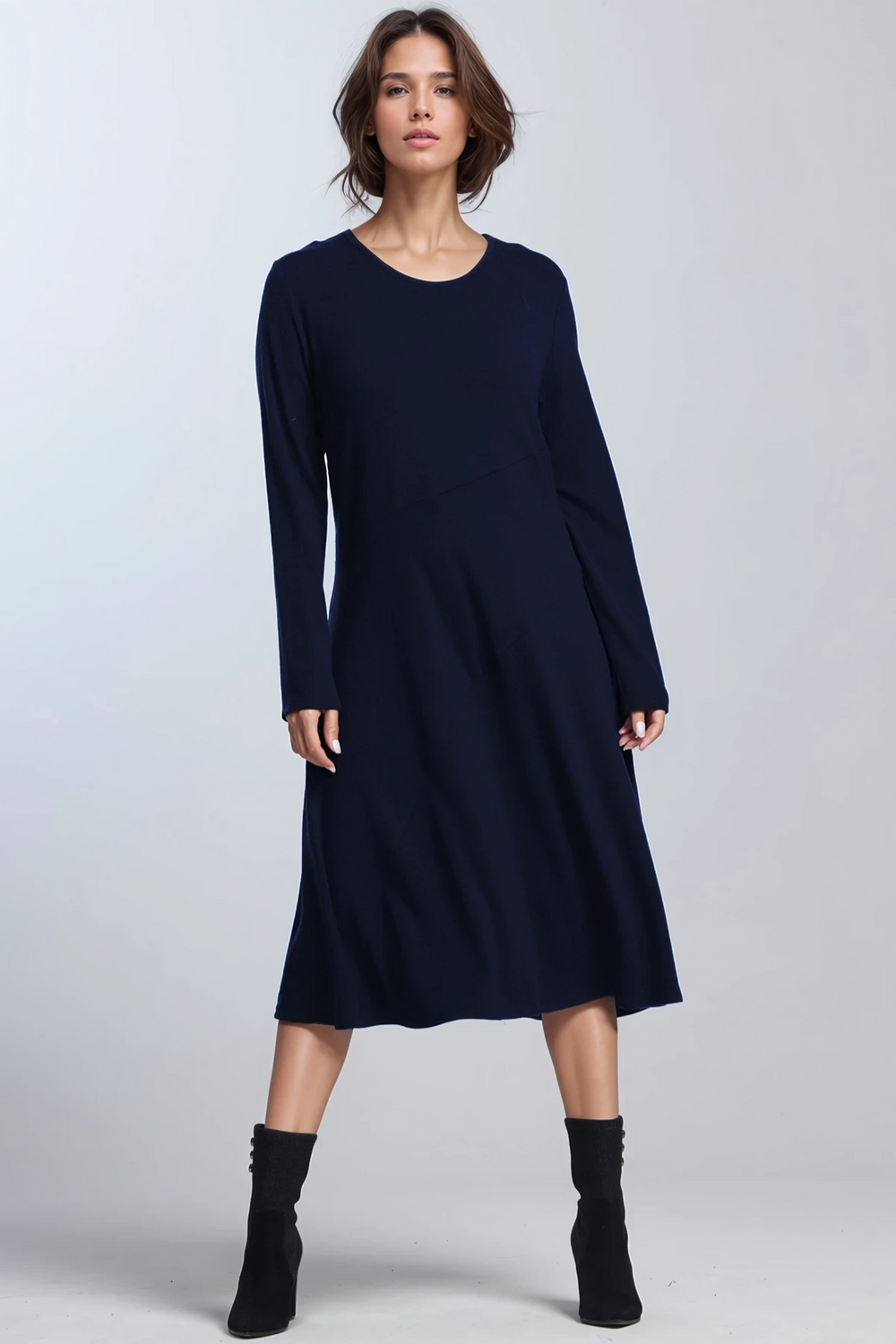 PAULA RYAN A Line Swing Dress - Navy Merino