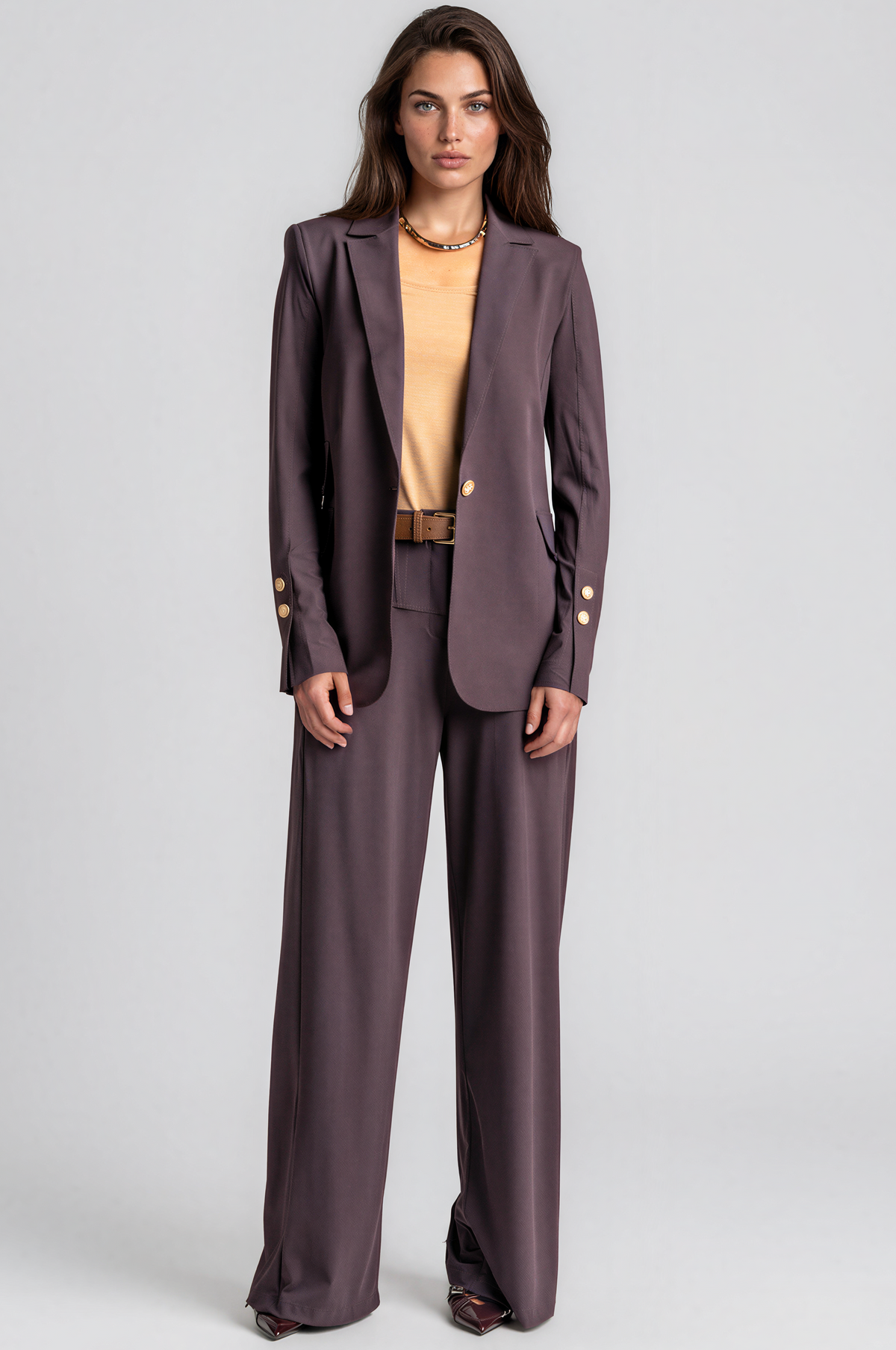 PAULA RYAN Long-line Boyfriend Jacket - Microjersey Cocoa Plum