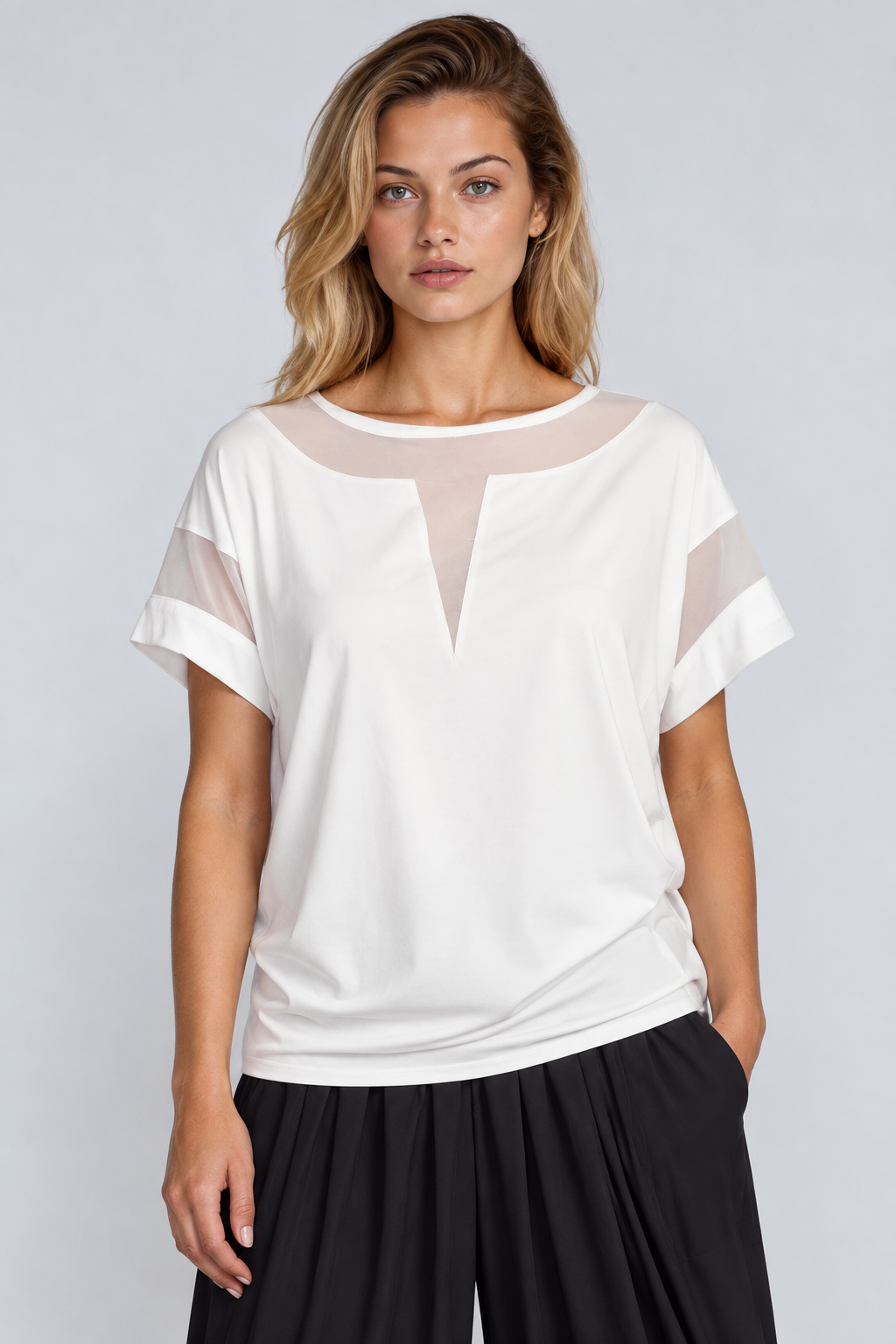 PAULA RYAN Mesh Insert Tee - Ecovero White