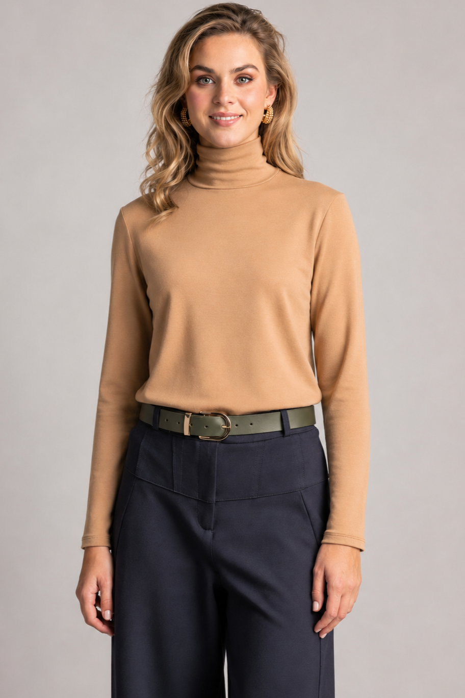 PAULA RYAN Easy Fit Polo Neck Top - Merino Camel