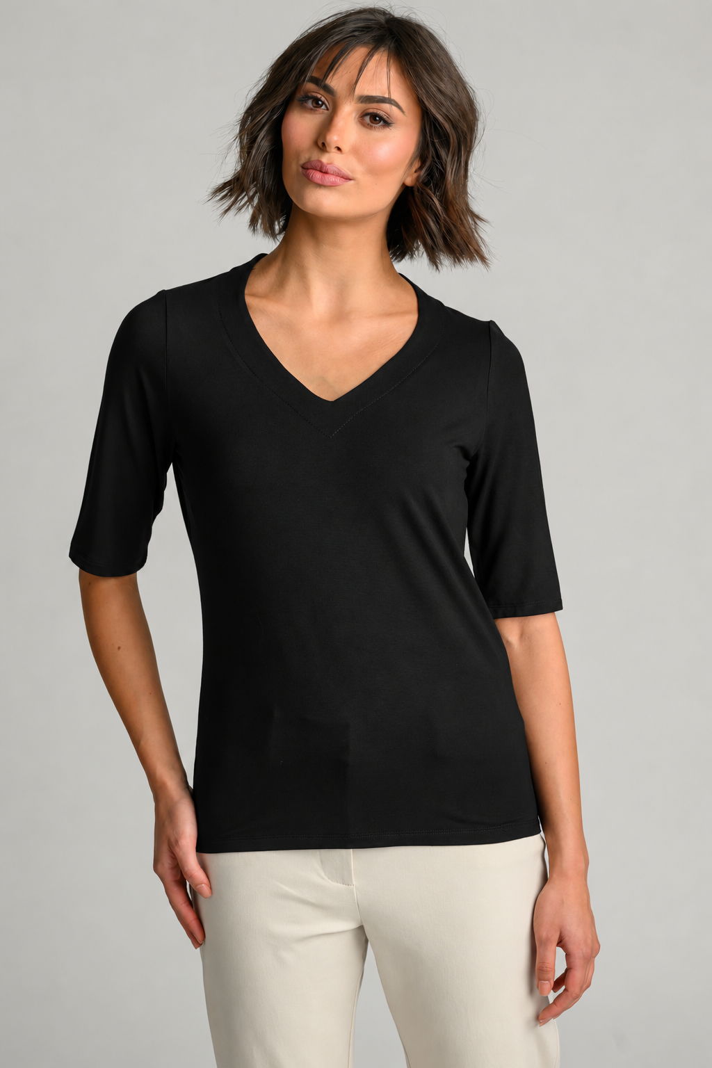 PAULA RYAN Easy Fit Half Sleeve V Neck Top - Black EcoVero