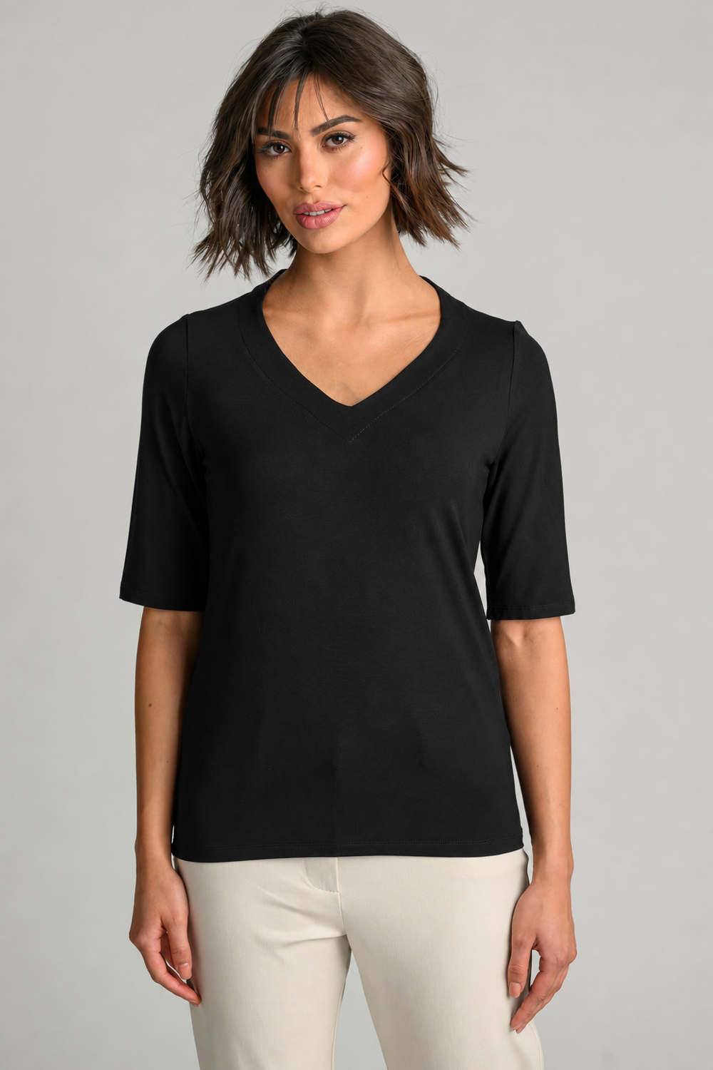 PAULA RYAN Easy Fit Half Sleeve V Neck Top - Black EcoVero
