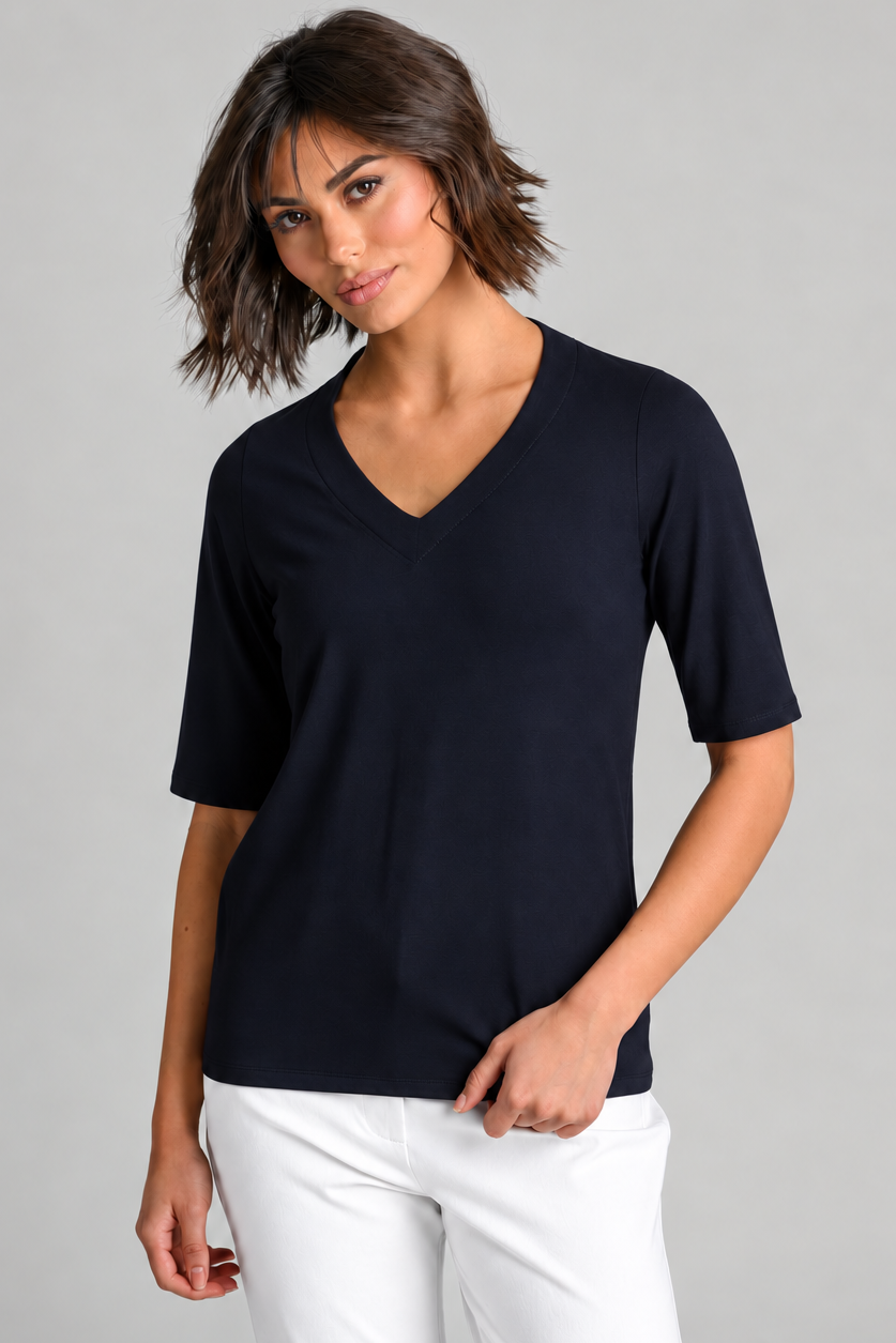 PAULA RYAN Easy Fit Half Sleeve V Neck Top - Navy EcoVero
