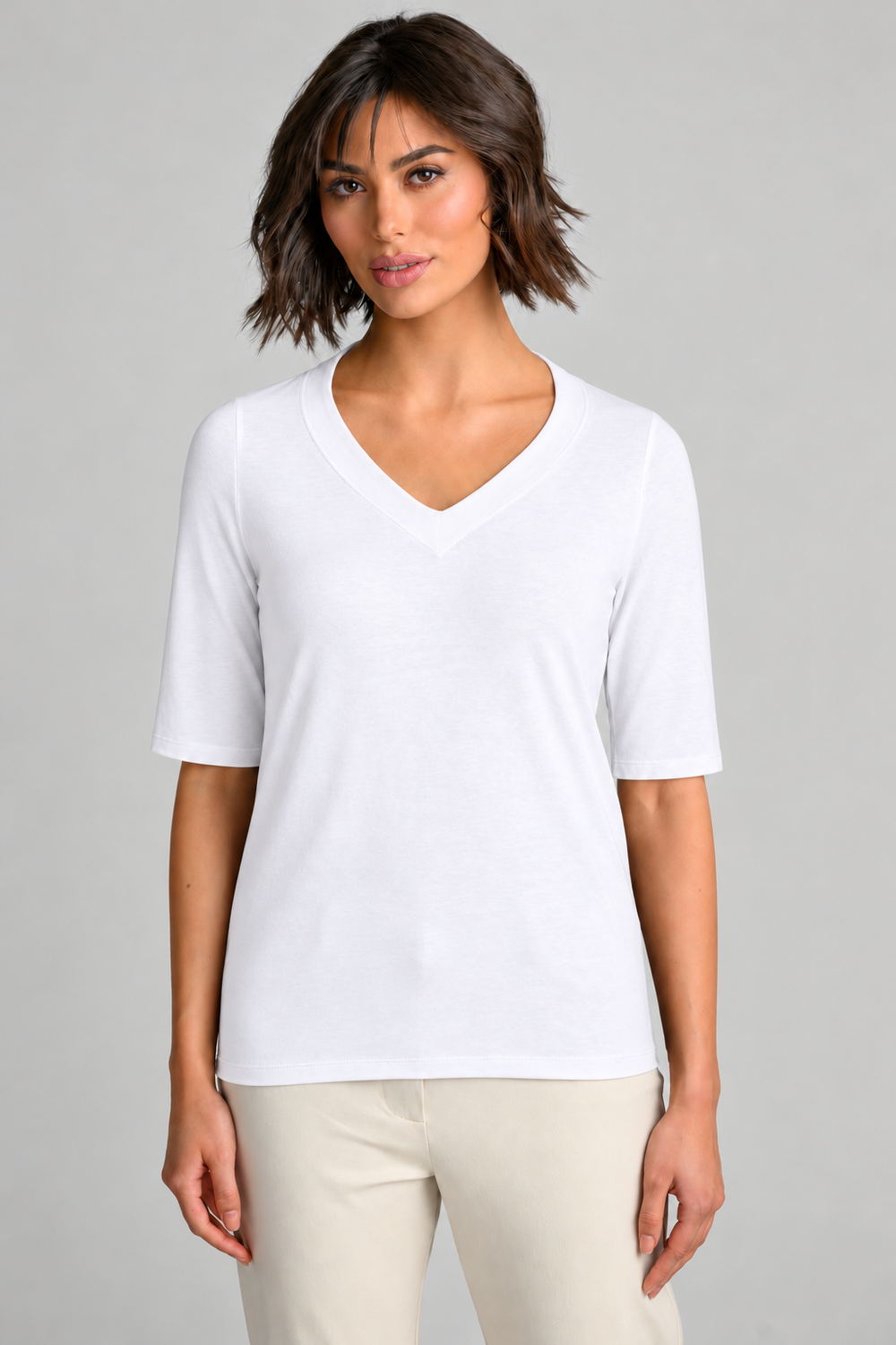 PAULA RYAN Easy Fit Half Sleeve V Neck Top - White EcoVero