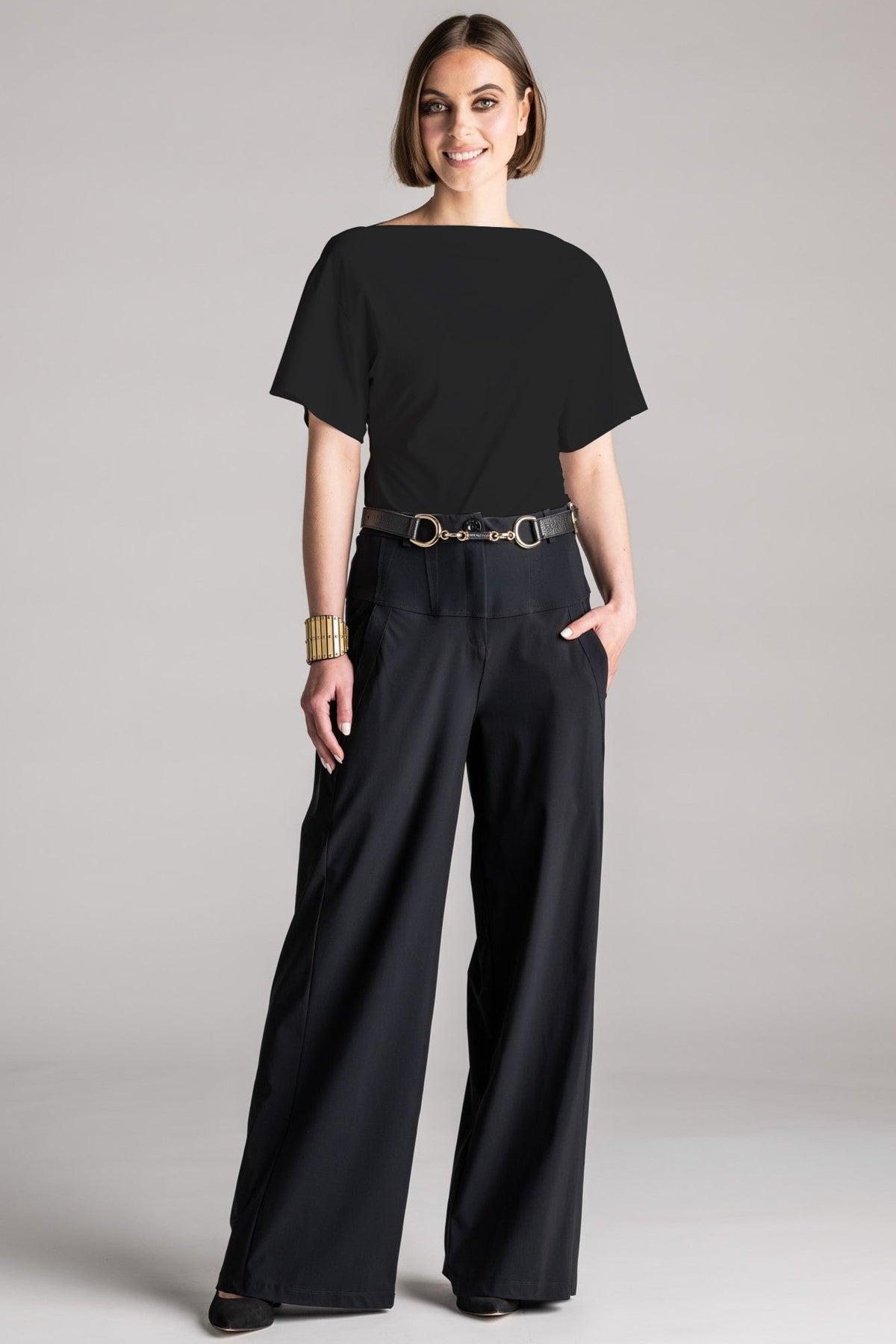 PAULA RYAN Waisted Boat Neck Top Microjersey - Black - Paula Ryan