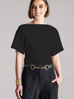 PAULA RYAN Waisted Boat Neck Top Microjersey - Black - Paula Ryan