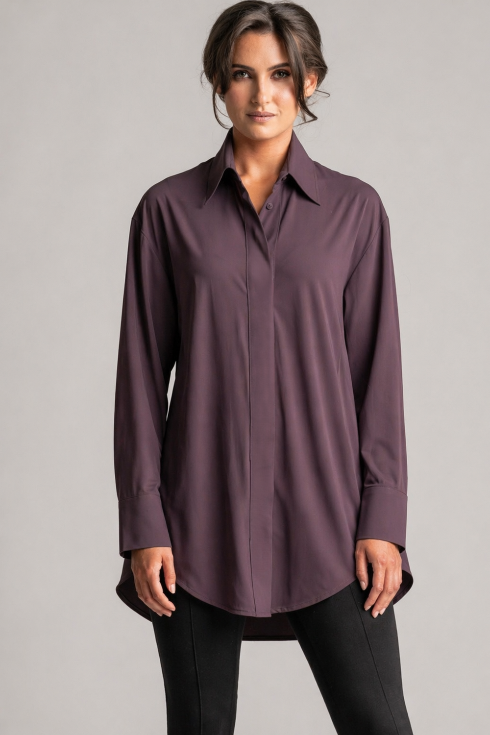 PAULA RYAN High Collar Boyfriend Shirt - Microjersey Cocoa Plum