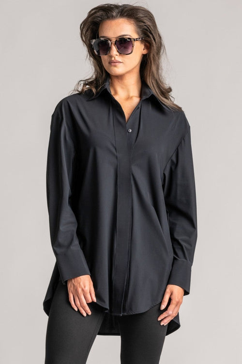PAULA RYAN High Collar Boyfriend Shirt - Microjersey Black - Paula Ryan