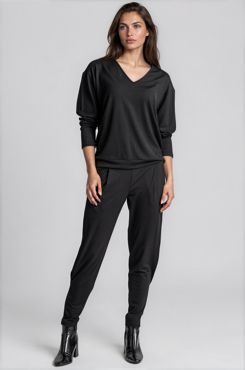 PAULA RYAN Relaxed V-Neck Top - Black Merino