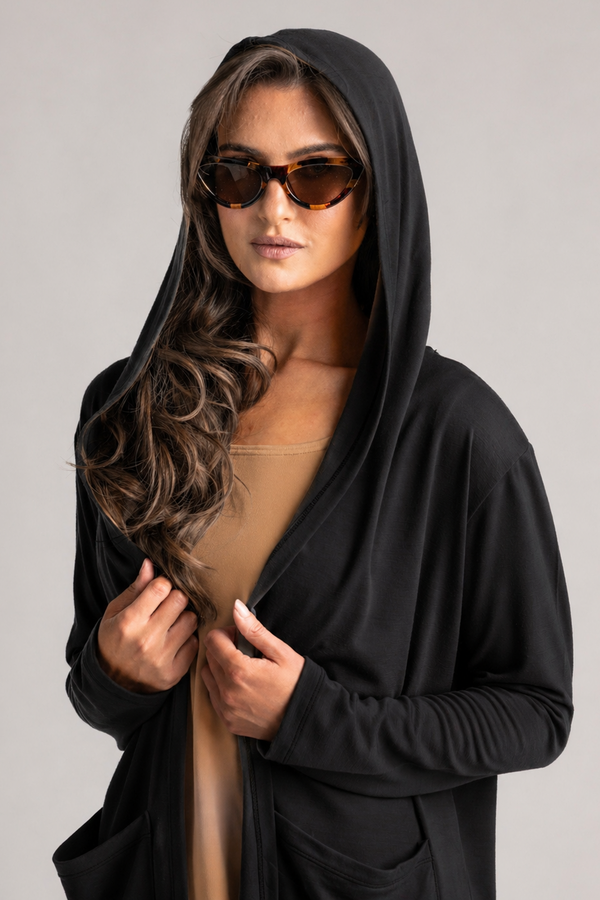 PAULA RYAN Hooded Cardigan with Pockets  - Merino Black