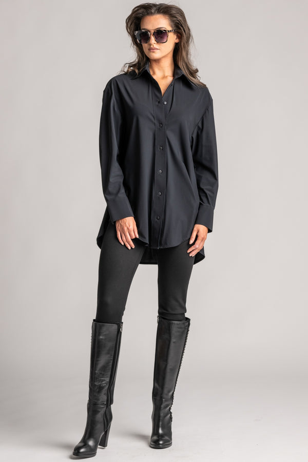 PAULA RYAN High Collar Boyfriend Shirt - Microjersey Black - Paula Ryan