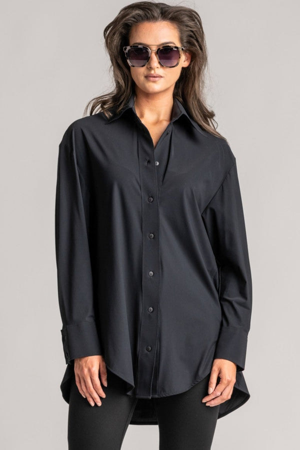 PAULA RYAN High Collar Boyfriend Shirt - Microjersey Black - Paula Ryan