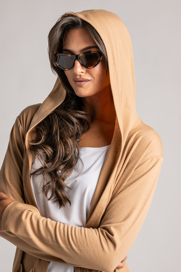 PAULA RYAN Hooded Cardigan with Pockets - Merino Camel
