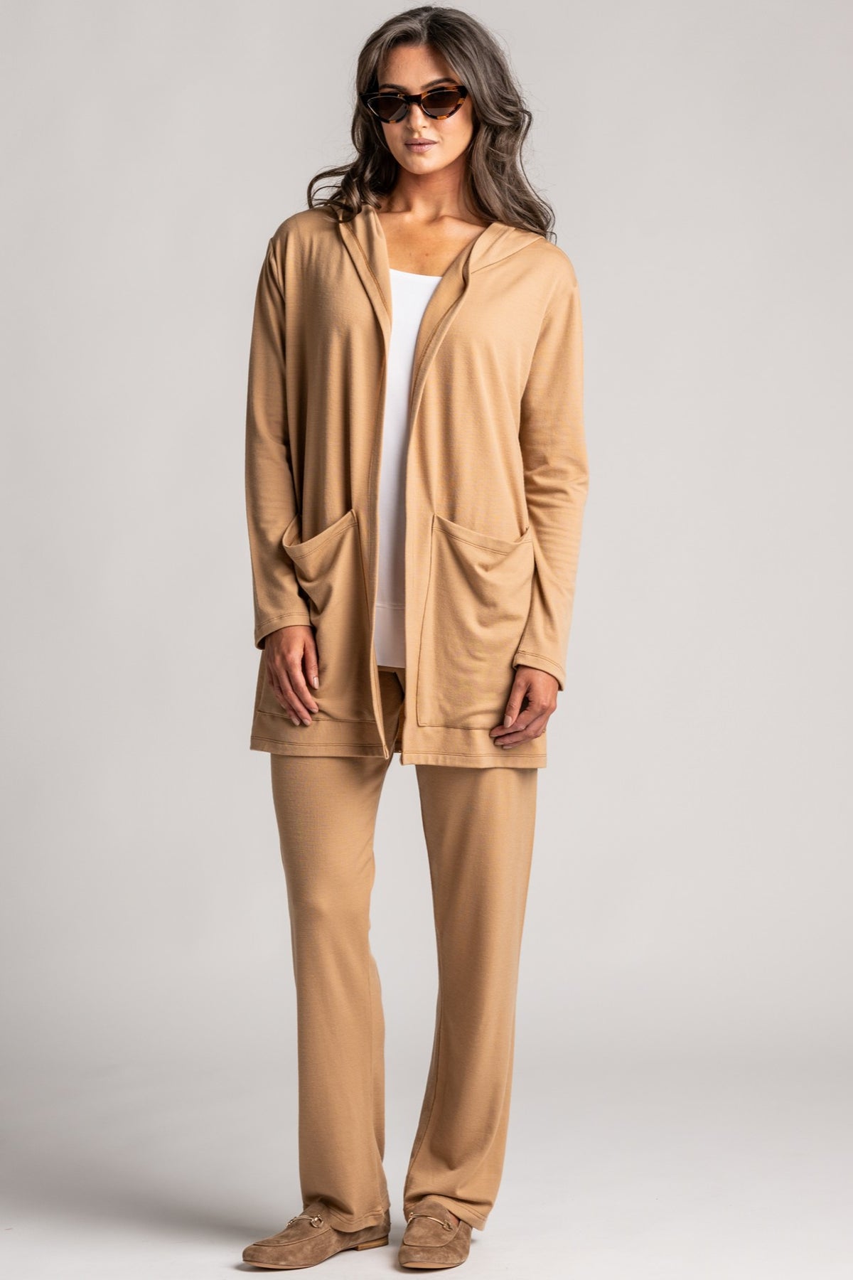 PAULA RYAN Hooded Cardigan with Pockets - Merino Camel