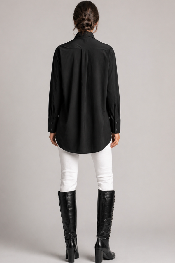 PAULA RYAN High Collar Boyfriend Shirt - Microjersey Black - Paula Ryan