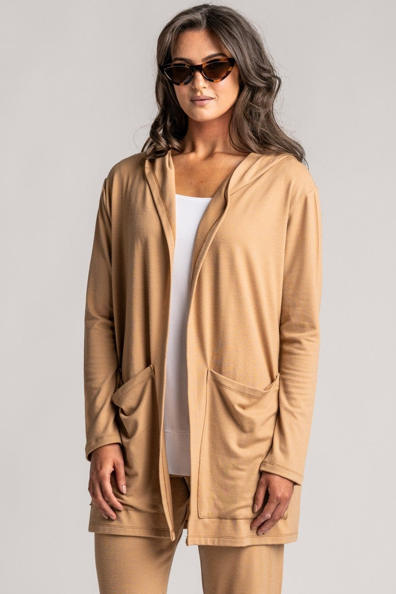 PAULA RYAN Hooded Cardigan with Pockets - Merino Camel