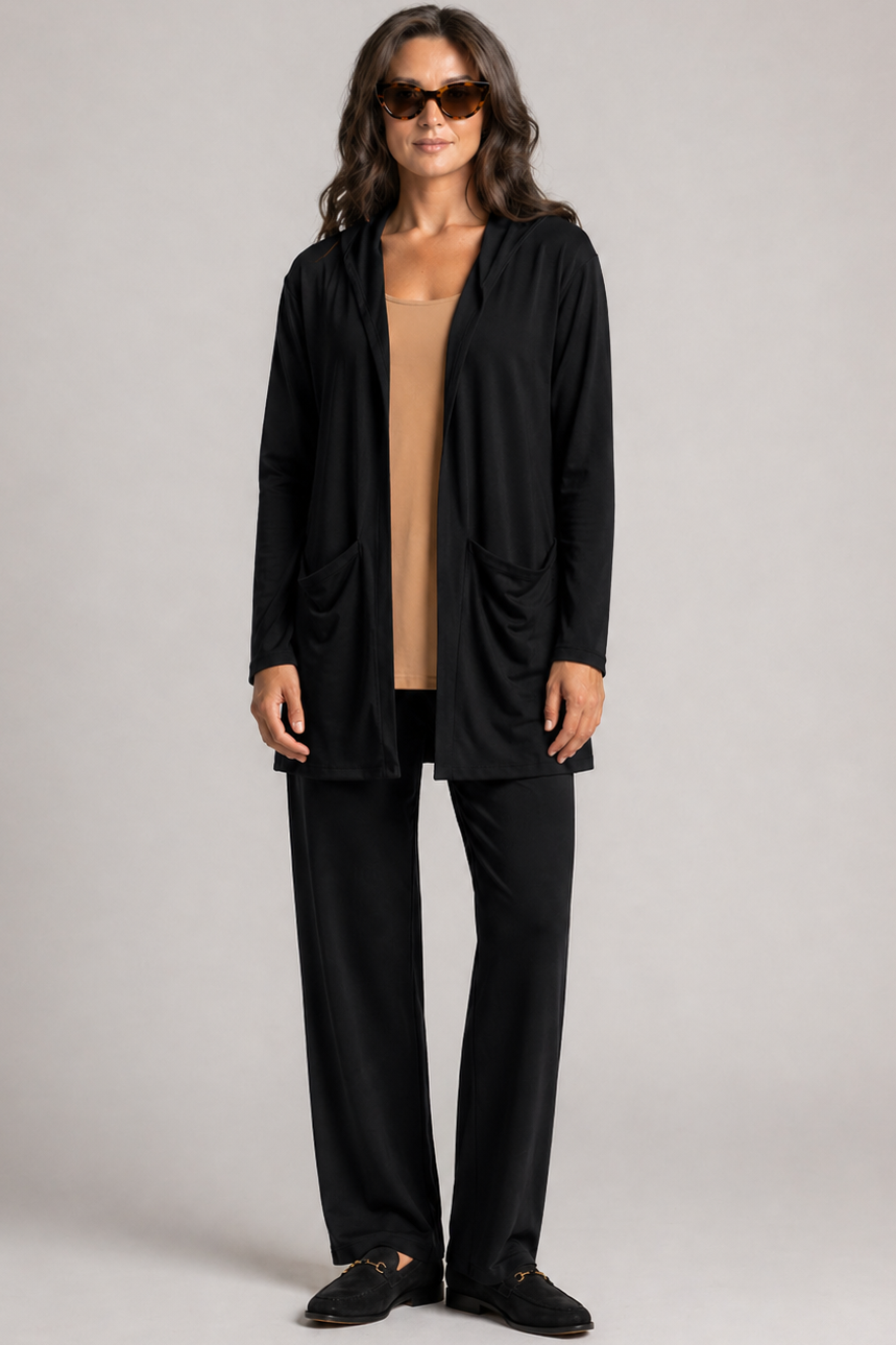 PAULA RYAN Hooded Cardigan with Pockets  - Merino Black