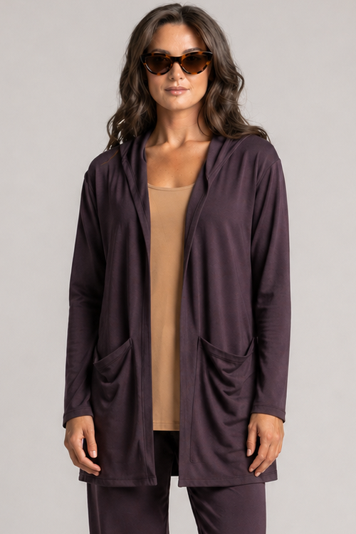 PAULA RYAN Hooded Cardigan with Pockets - Merino Cocoa Plum - Paula Ryan
