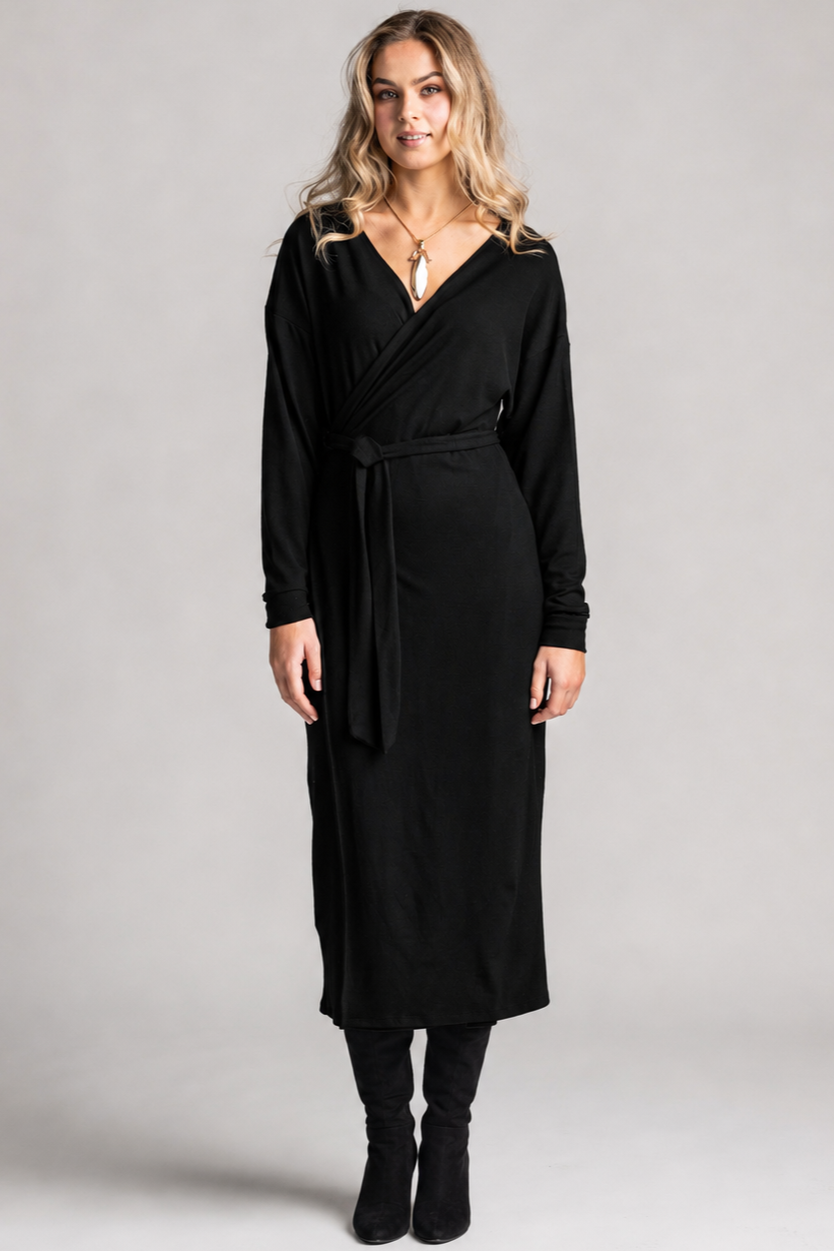 PAULA RYAN Wrap Dress - Black Merino