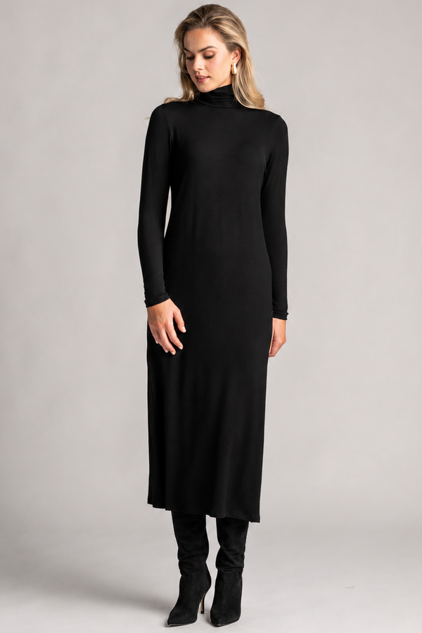 PAULA RYAN Polo Neck Sheath Dress - Black Merino