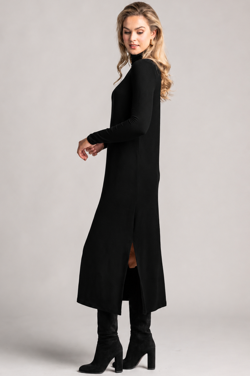 PAULA RYAN Polo Neck Sheath Dress - Black Merino