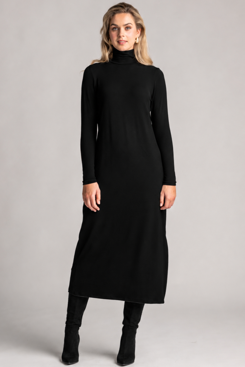 PAULA RYAN Easy Fit Polo Neck Sheath Dress - Black Merino