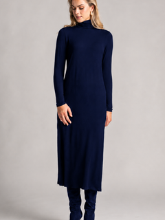 PAULA RYAN Easy Fit Polo Neck Sheath Dress - Navy Merino