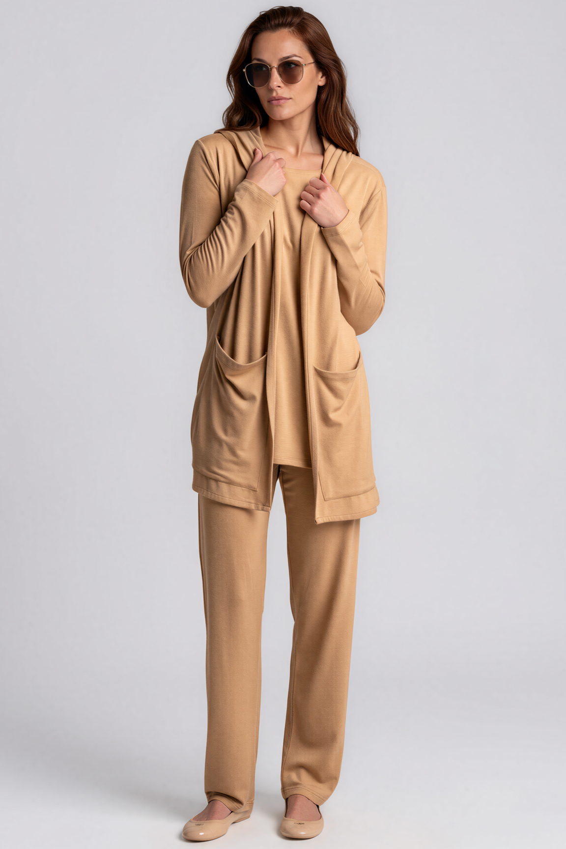 PAULA RYAN Hooded Cardigan with Pockets - Merino Camel